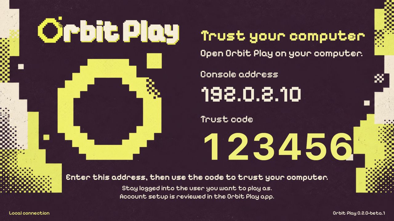 The Orbit Play helper on the PS5 showing an example address and trust code