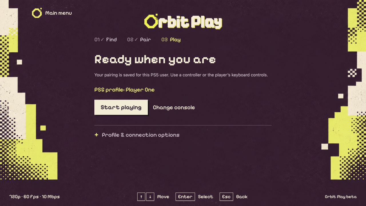 Orbit Play paired with the PS5 profile Player One and ready to start playing