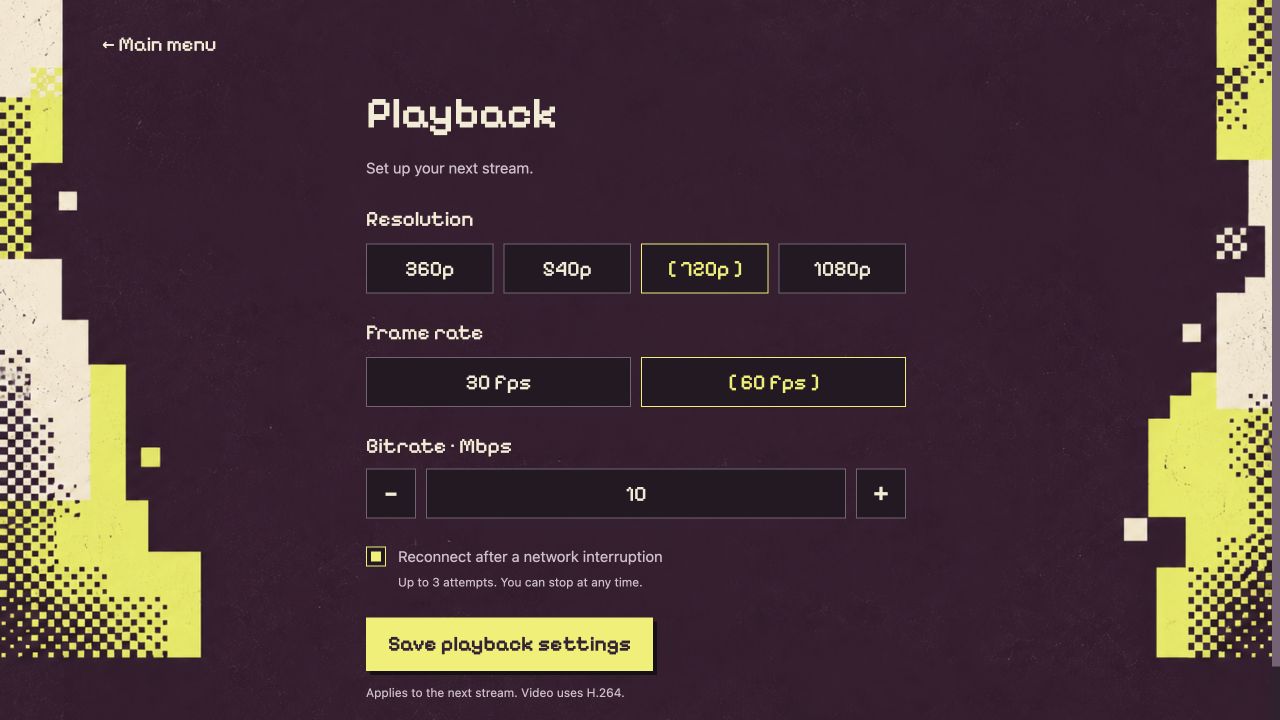 Orbit Play playback settings for resolution, frame rate, bitrate and reconnect