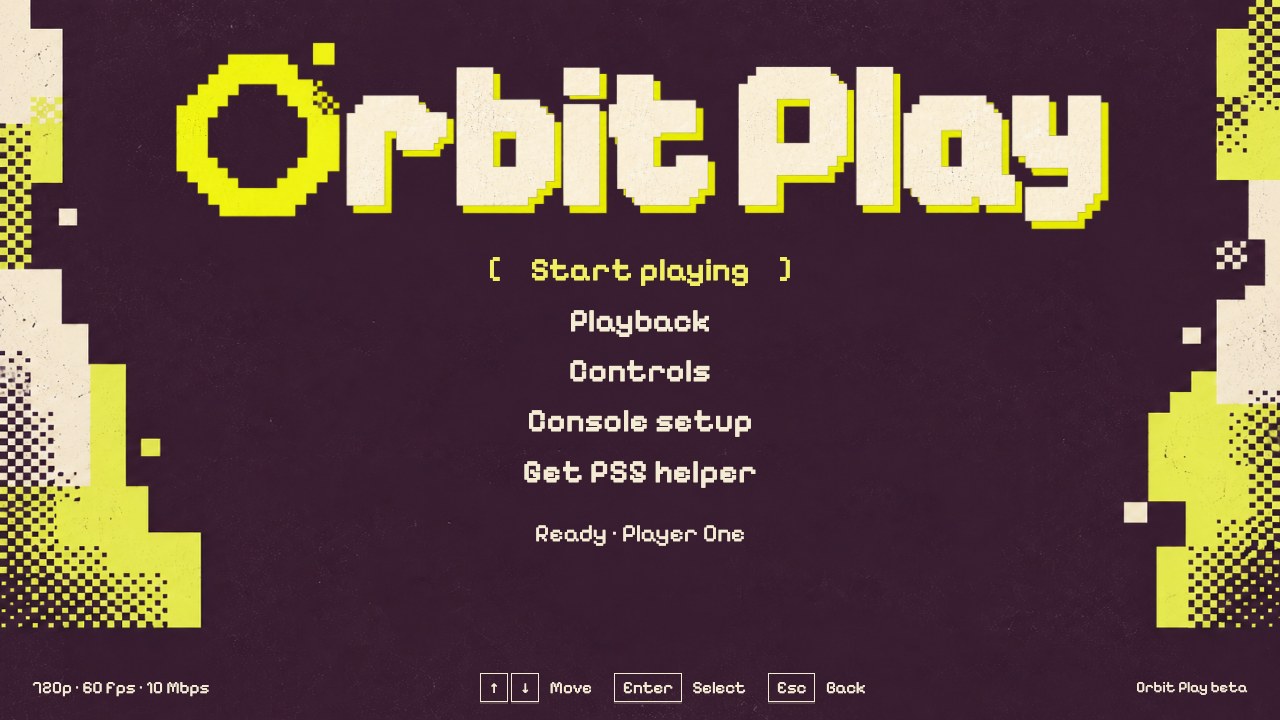 Orbit Play main menu with Start playing selected, and Playback, Controls and Console setup