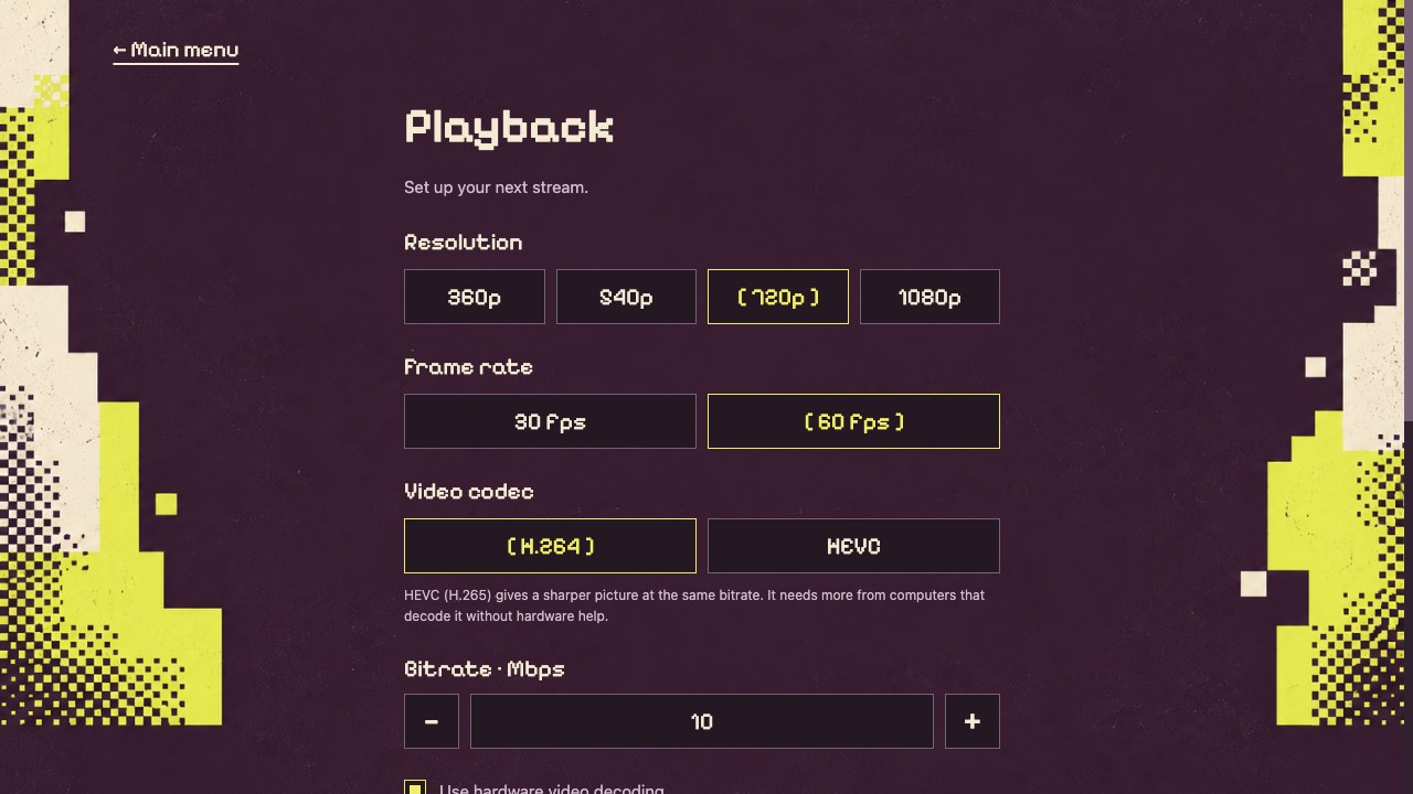 Orbit Play playback settings for resolution, frame rate, video codec and bitrate
