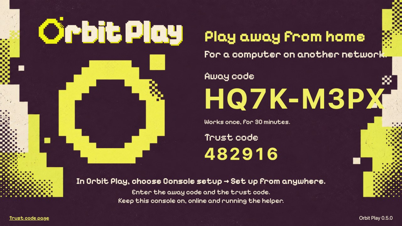 The PS5's Play away from home page with an example away code and trust code